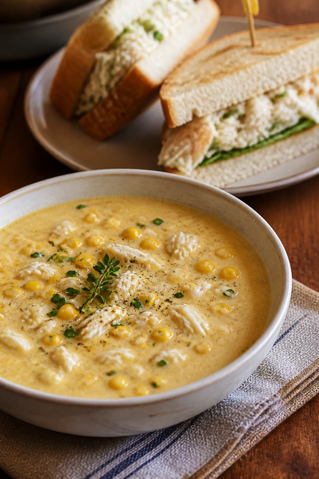 Creamy corn and crab soup with a crab salad sandwich on a plate