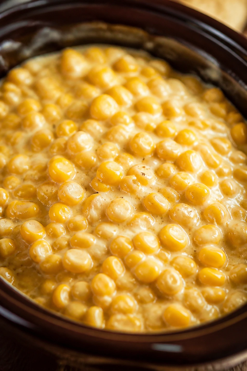 Creamy corn with cream cheese in a warm serving dish