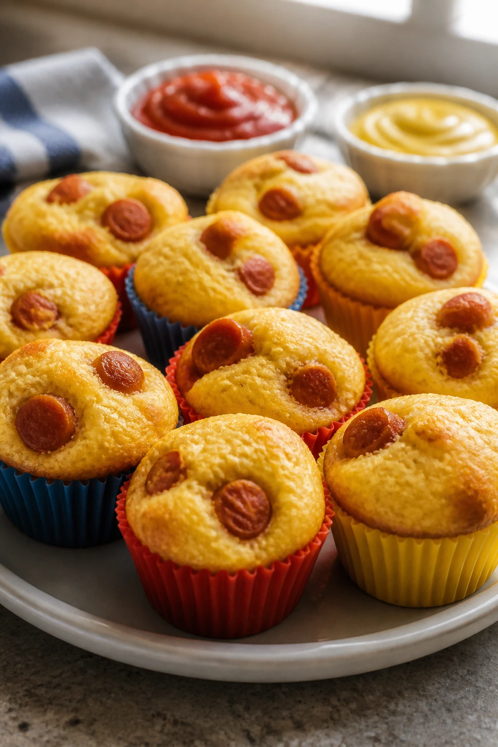 Close-up of golden mini corn dog bites in silicone muffin cups on a plate