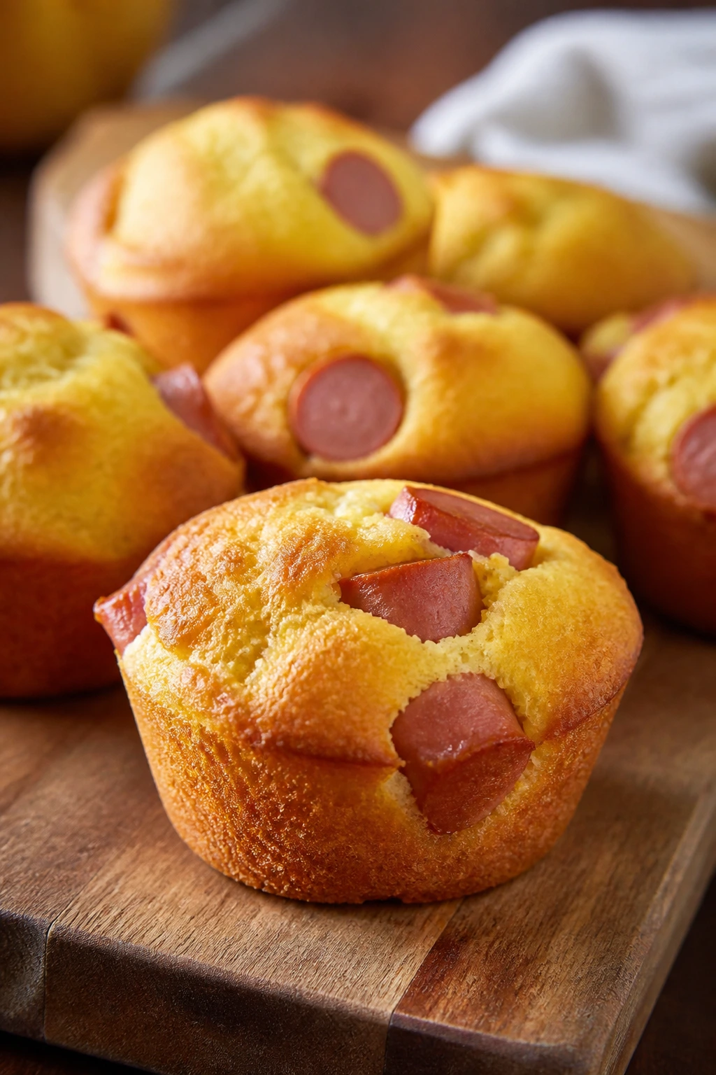 Golden corn dog muffins on a wooden board in warm kitchen light