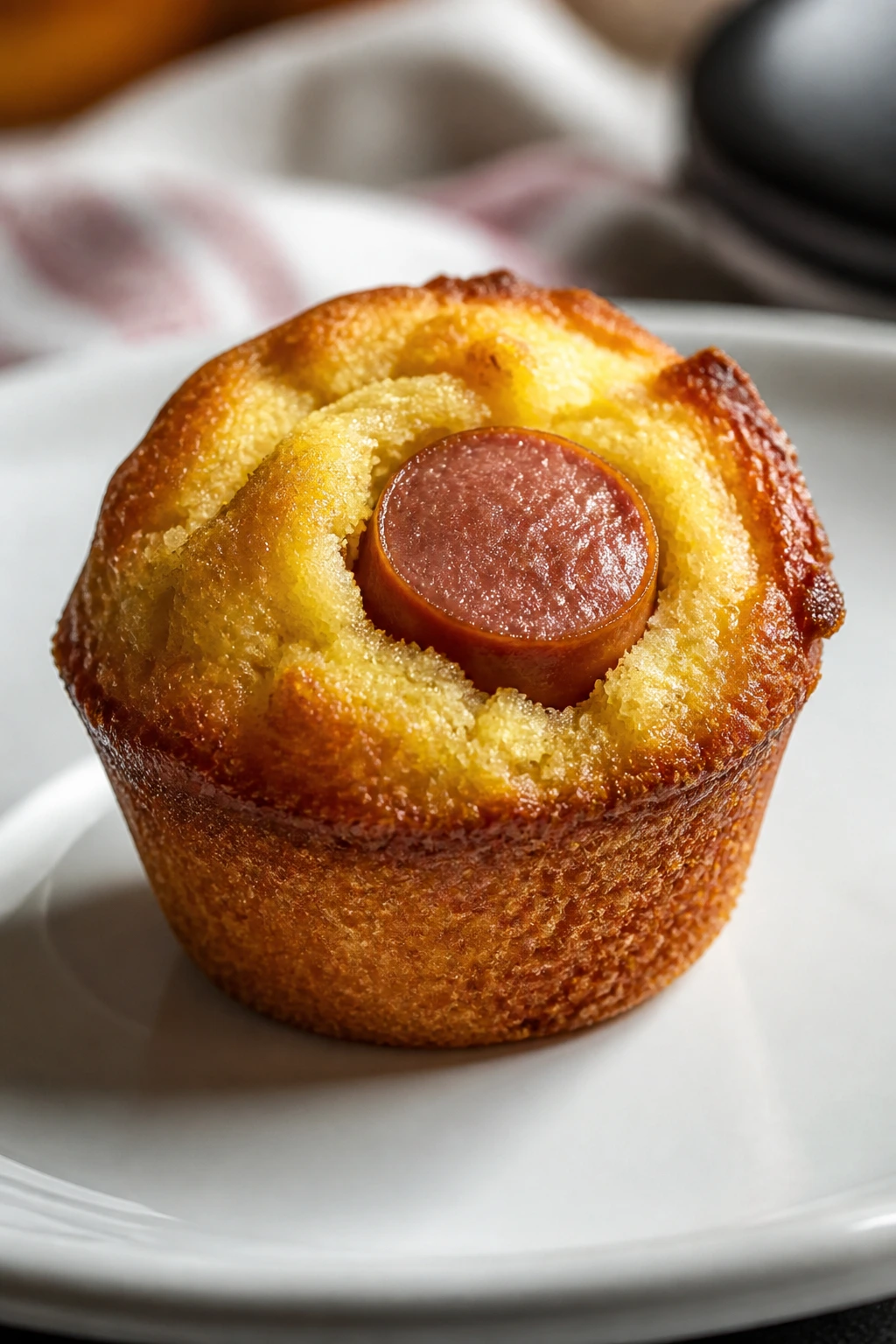 Close-up of a single mini corn dog muffin on a plate