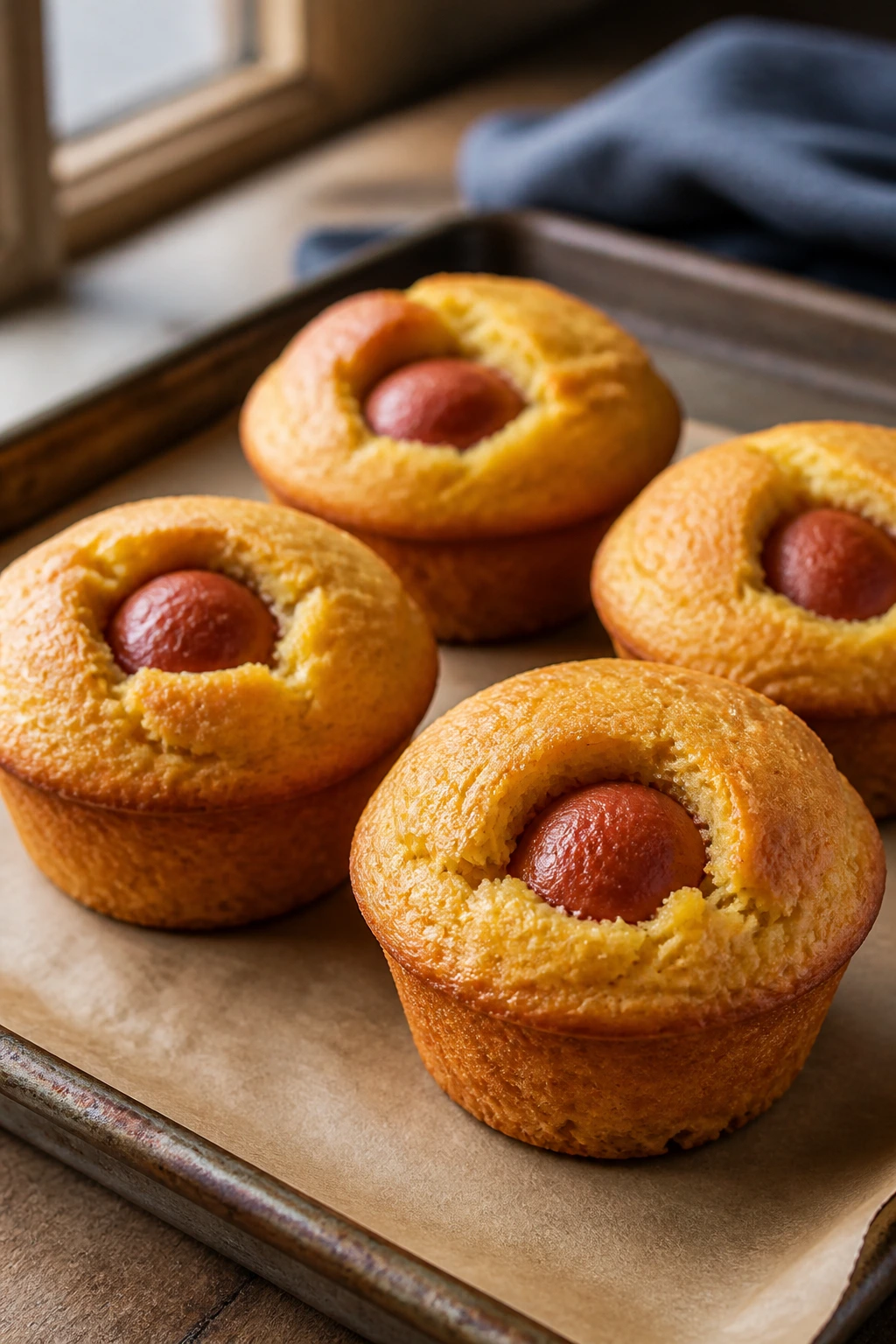 Mini corn dog muffins with hot dog pieces peeking from batter