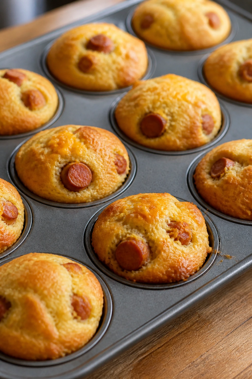 Corn dog muffins in muffin tin