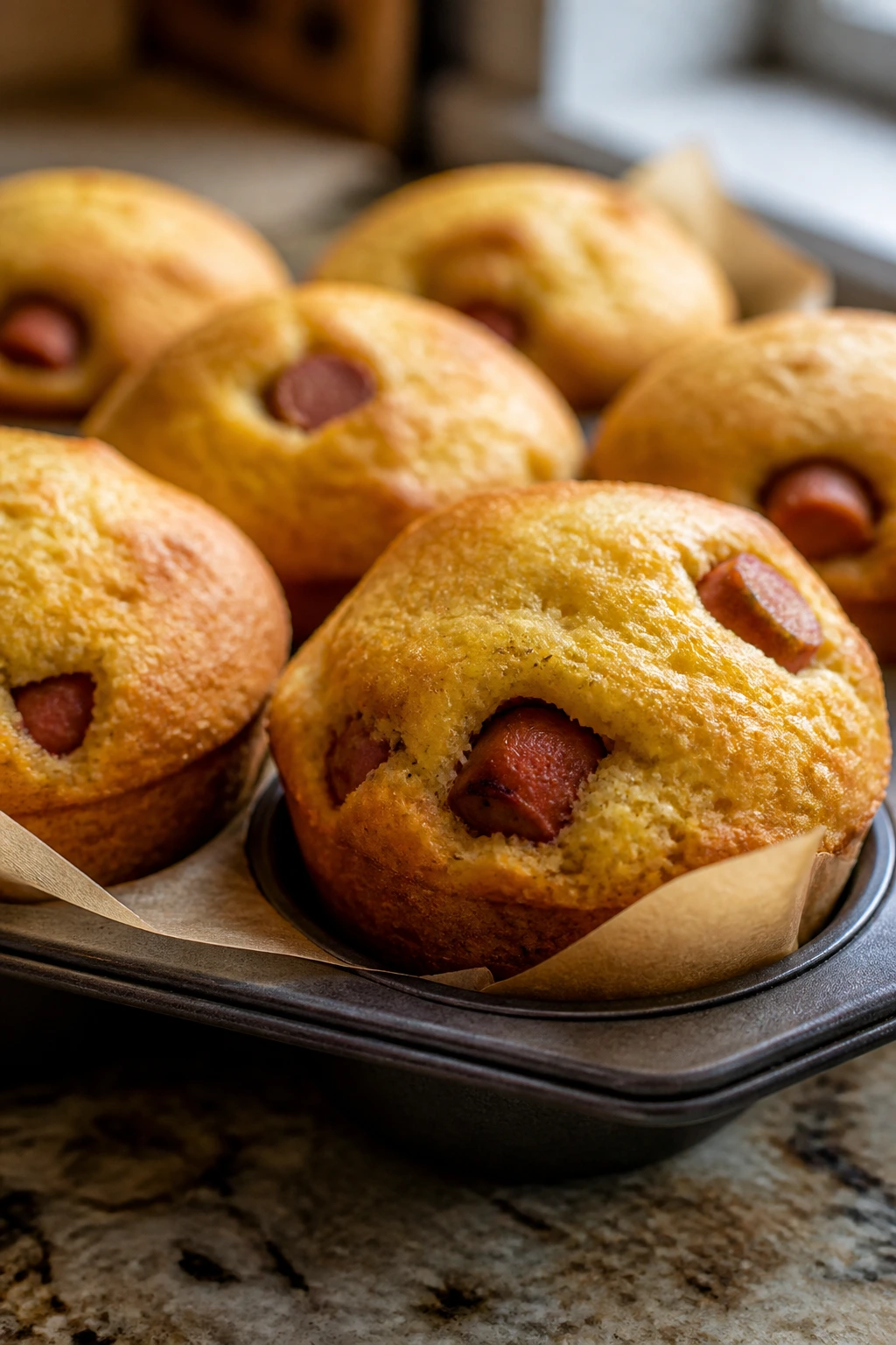 Close-up of corn dog muffins on a muffin tin