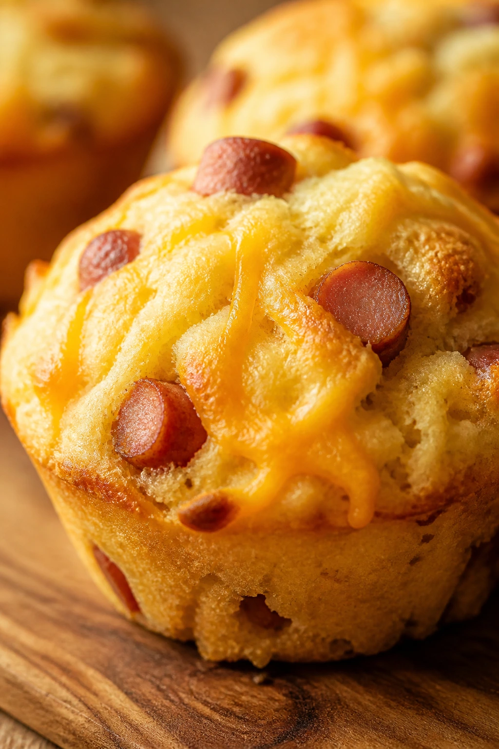 Close-up of golden corn dog muffins with hot dog pieces and cheddar on a wooden countertop