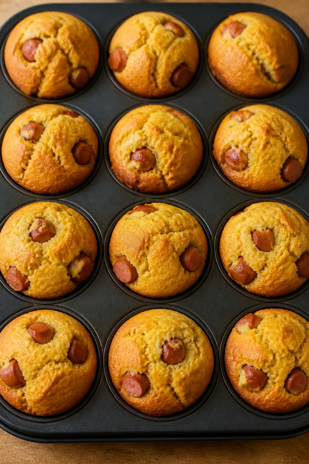 Close-up of corn dog muffins in a muffin tin on a kitchen counter