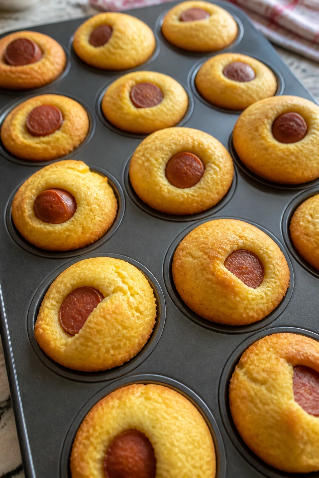 Golden mini corn dog muffins with hot dog pieces in a muffin tin