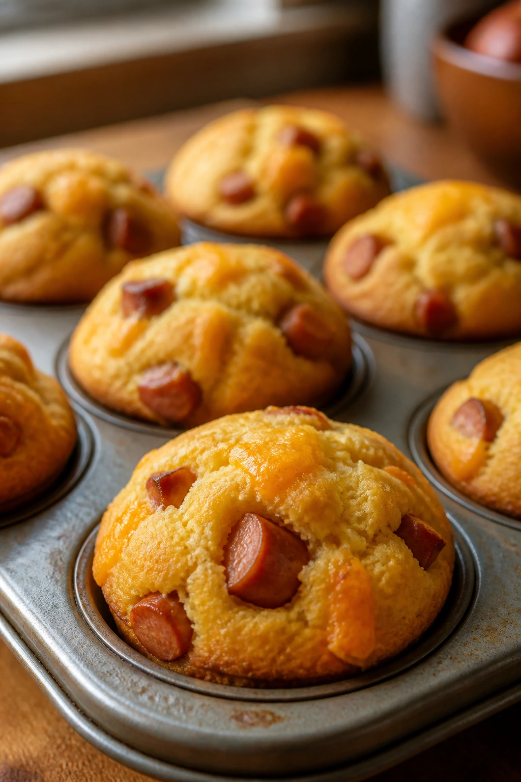 Close-up of corn dog muffins in muffin tin on wooden counter