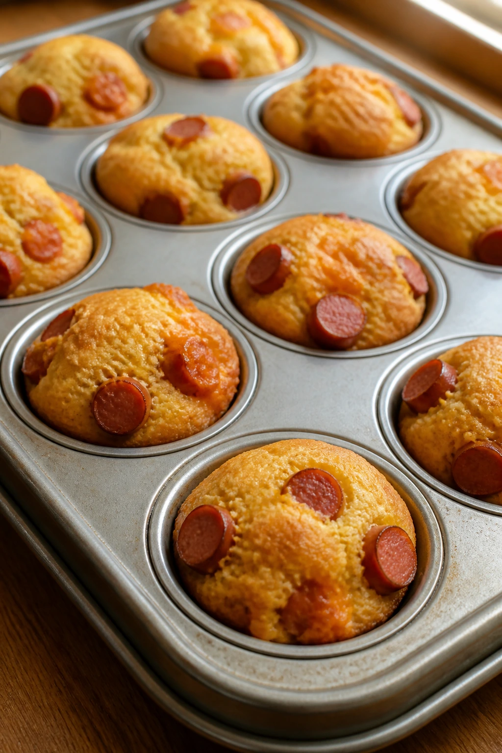 Close-up of golden mini corn dog muffins in a mini muffin tin on a warm kitchen counter
