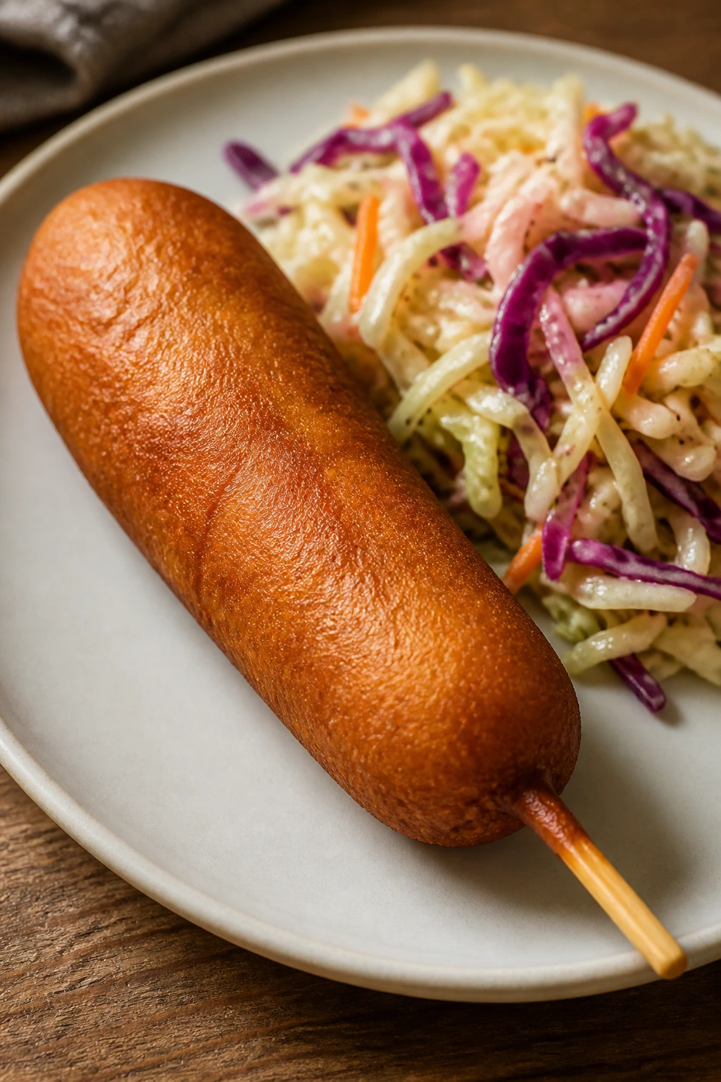 Crispy corn dog with cabbage slaw on plate