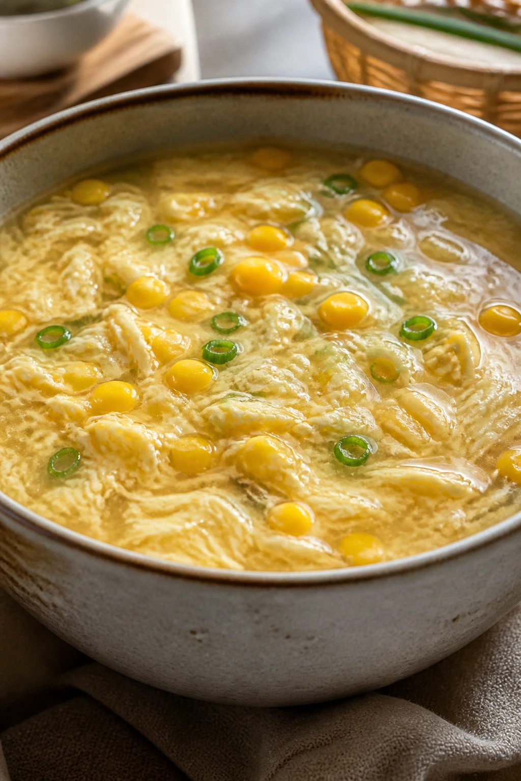 Bowl of corn and egg drop soup with corn and egg ribbons