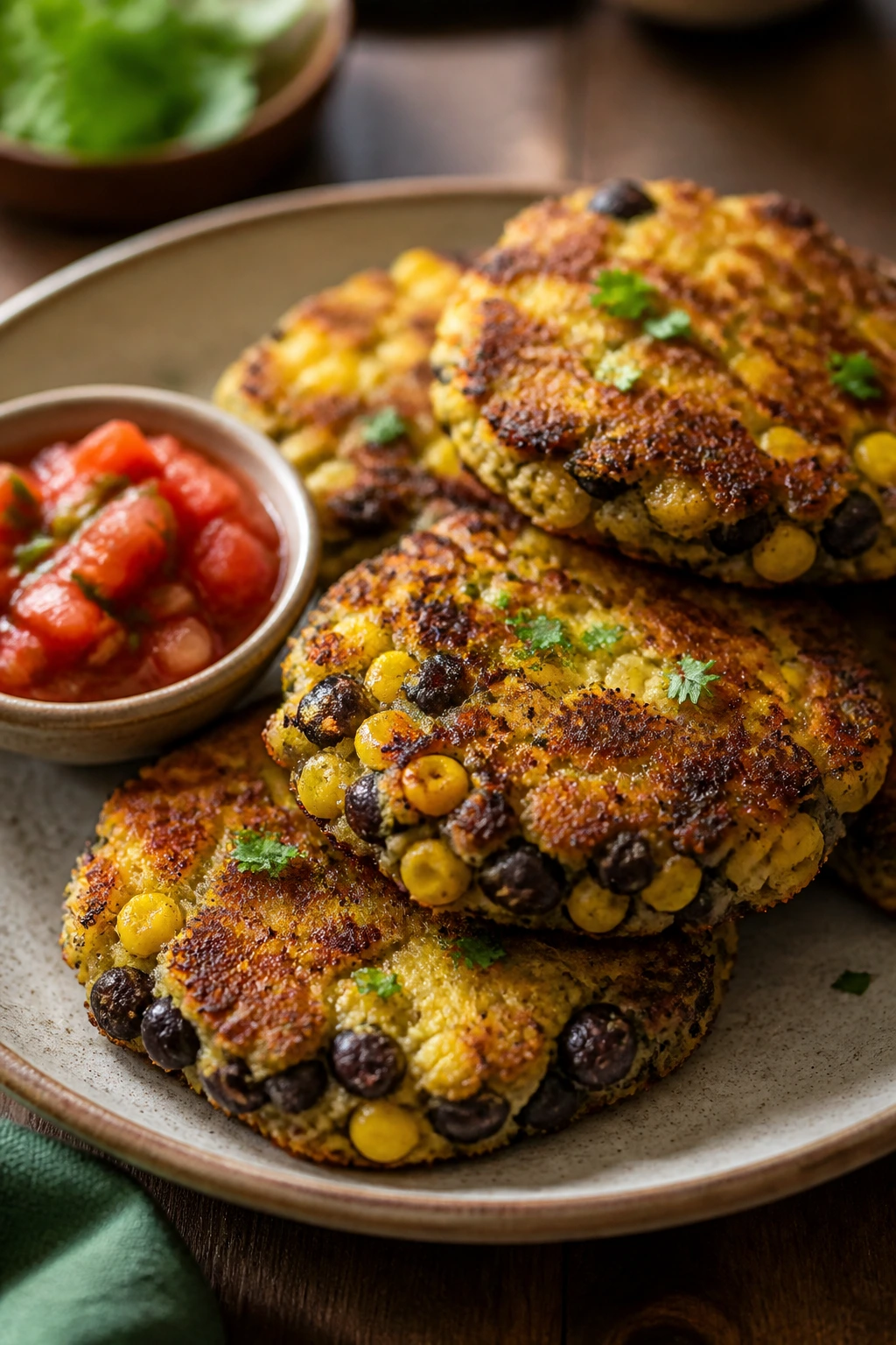 Golden corn and black bean fritters on a plate