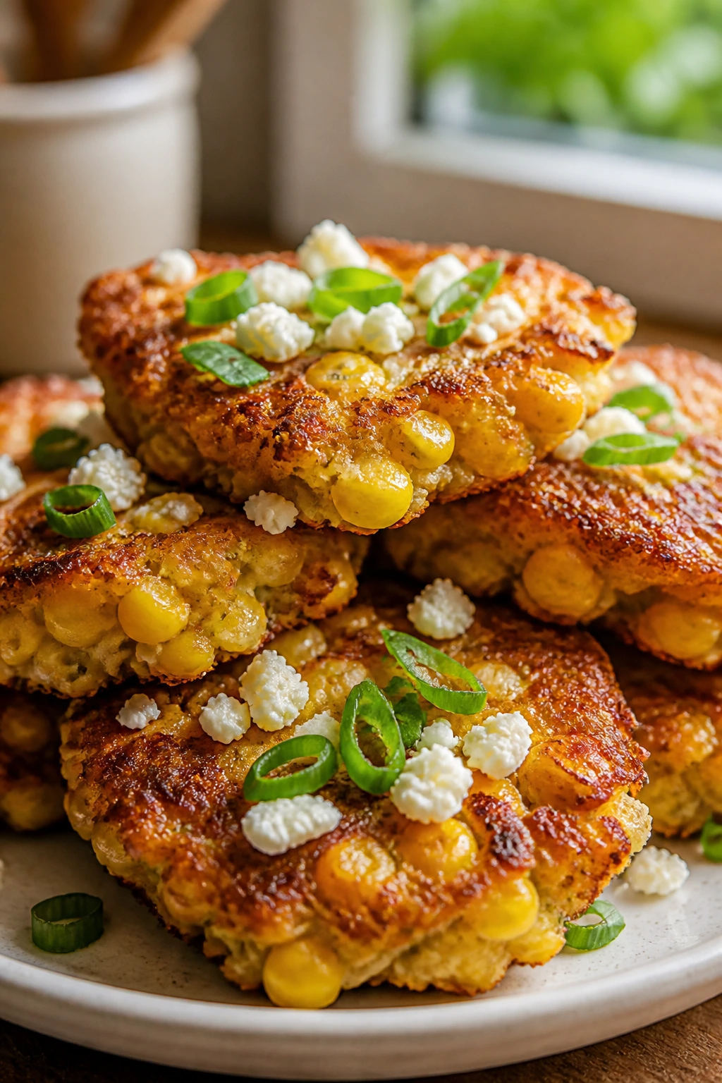Golden corn fritters with feta and scallions on plate