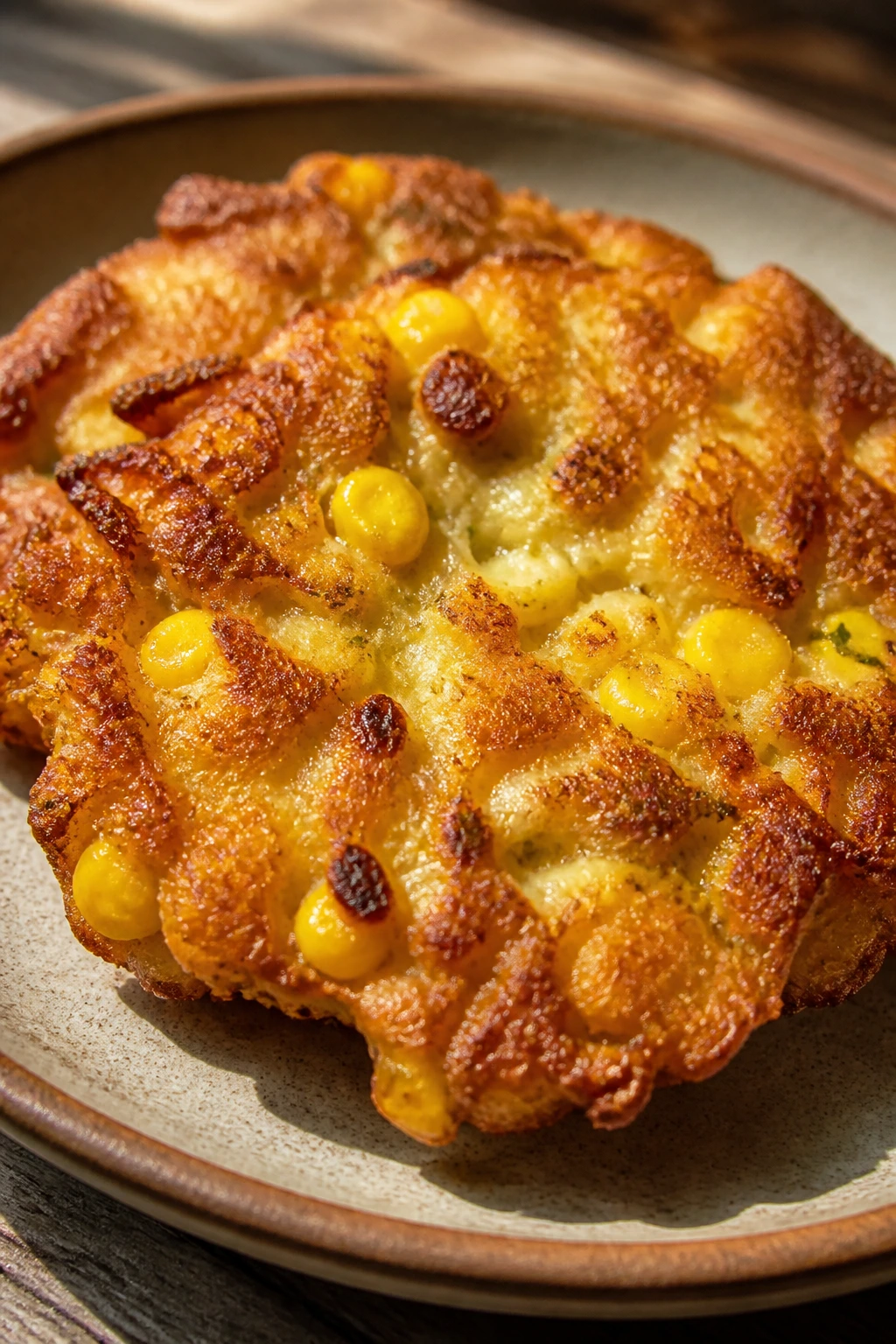 Golden brown corn fritter on a warm plate with natural light