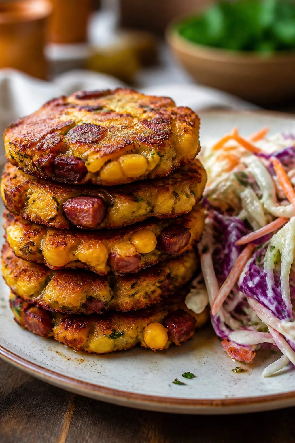 Golden corn fritters with smoked sausage and slaw on plate