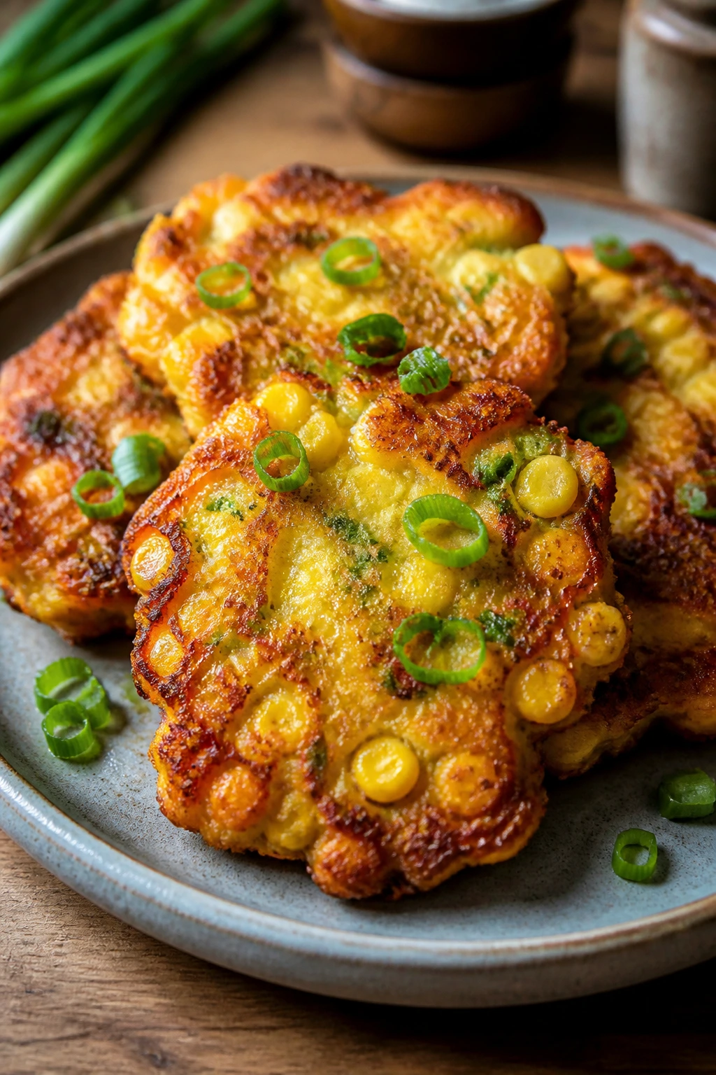 Close-up of golden corn fritters with scallions on a rustic plate in a sunlit kitchen