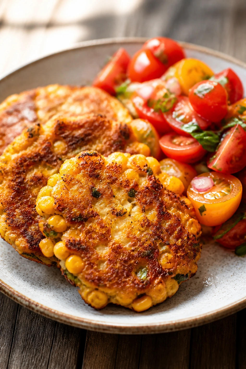 Close-up of crispy corn fritters with tomato salad on a rustic plate