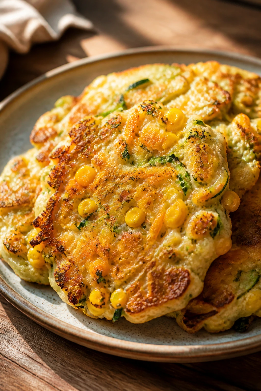 Stack of sweet corn zucchini fritters on a plate