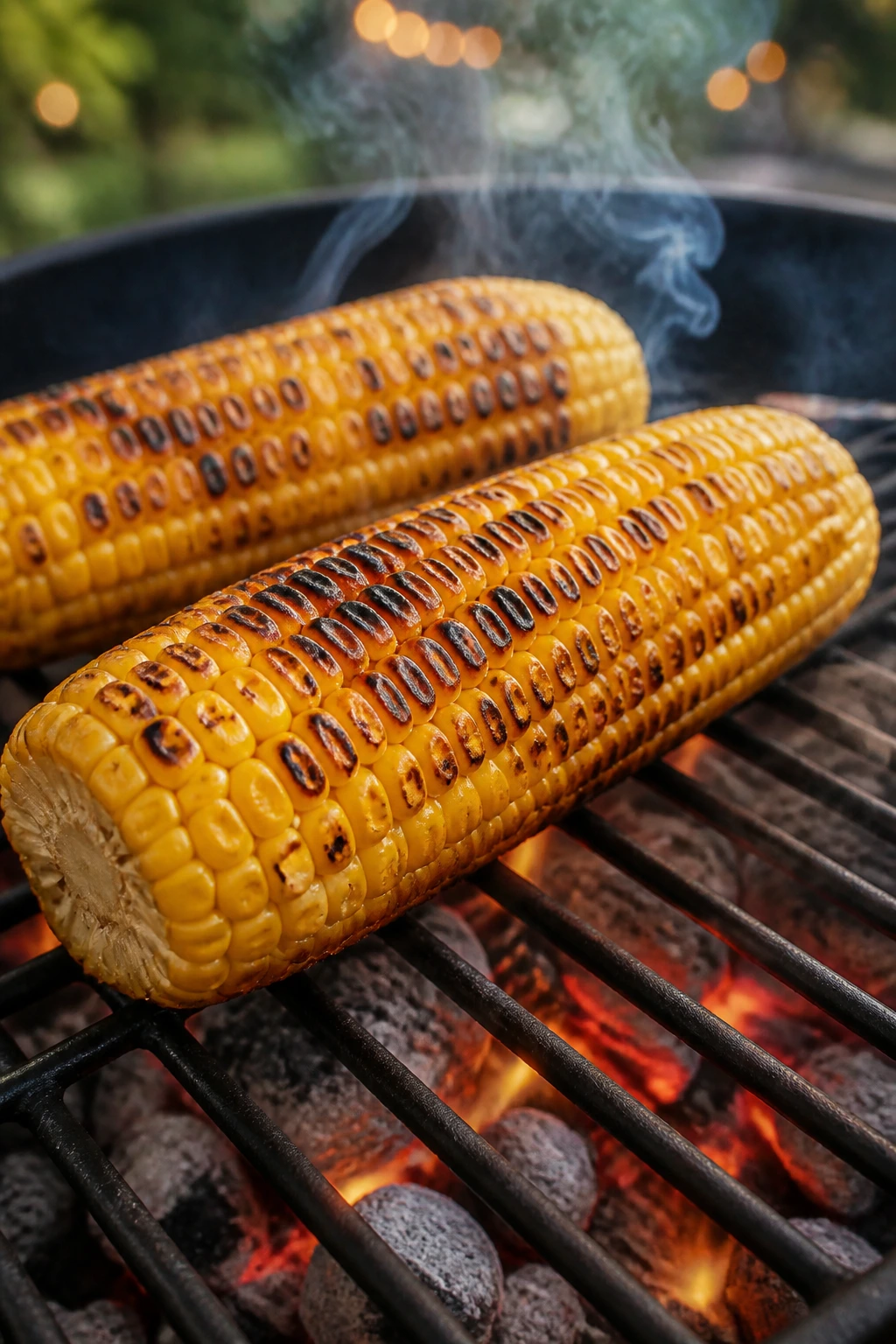 Charred corn on the cob on a grill with smoky backyard background