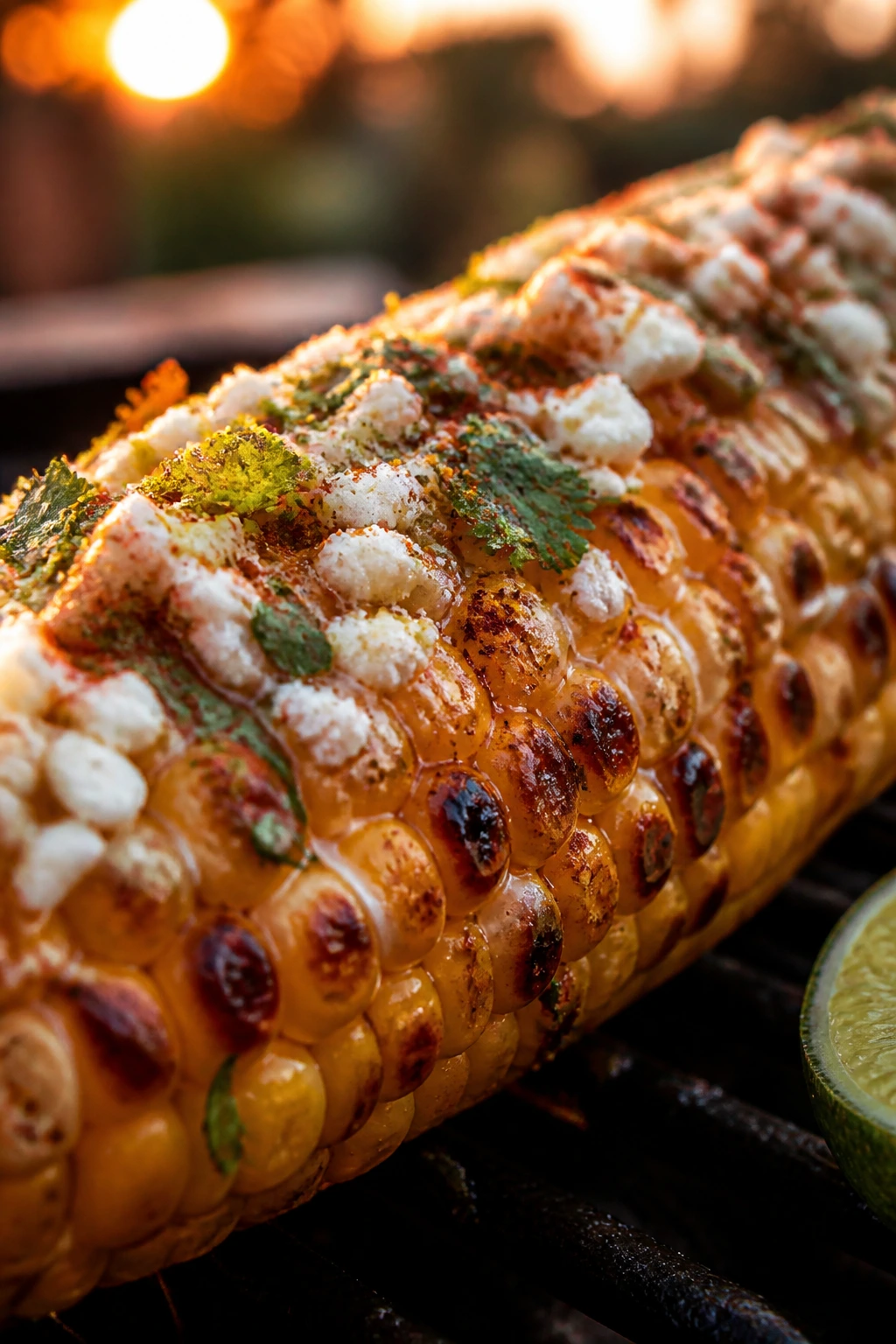 Close-up of chili-lime grilled corn on the cob in a backyard setting