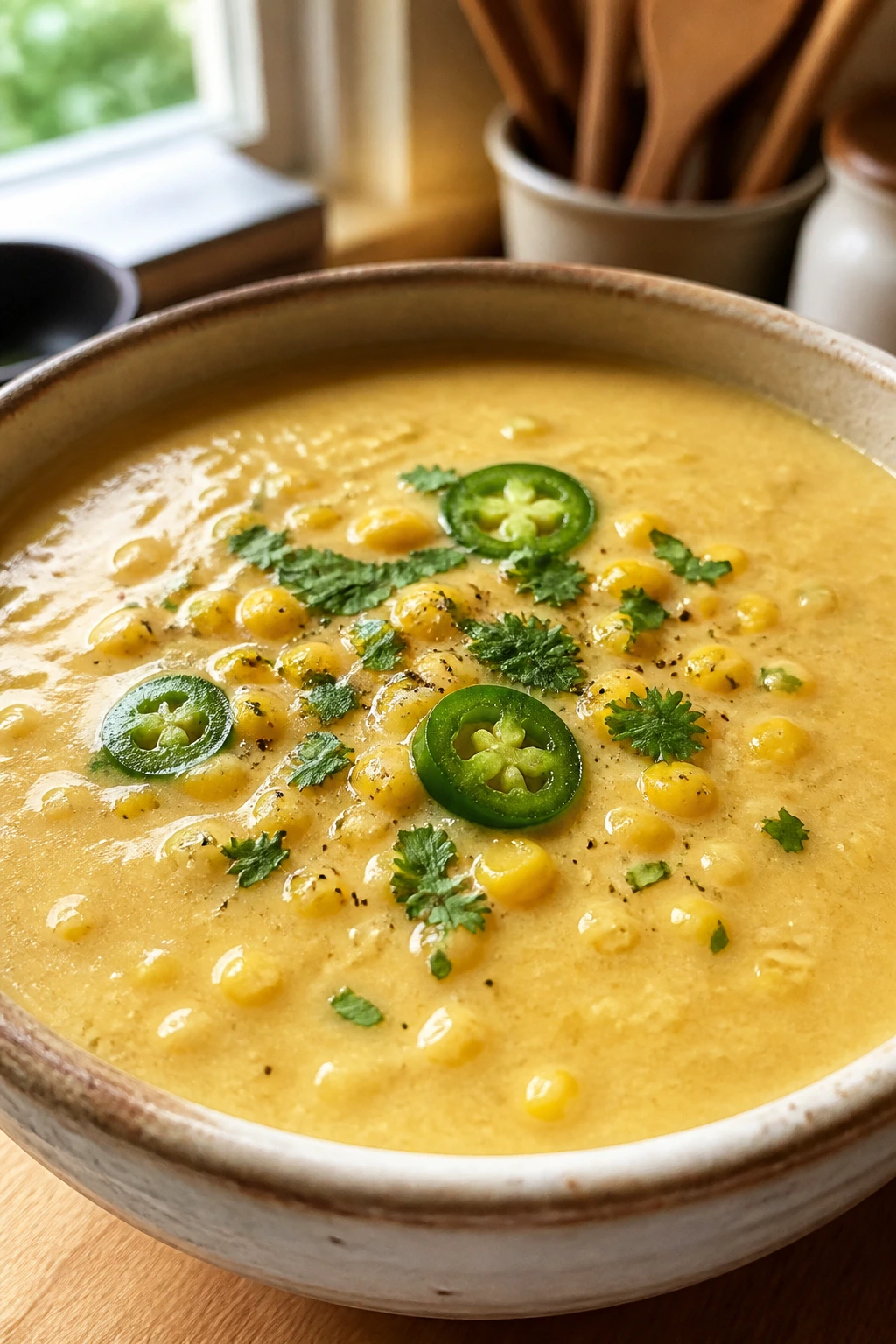 Bright yellow corn and jalapeño soup in a bowl with corn kernels visible