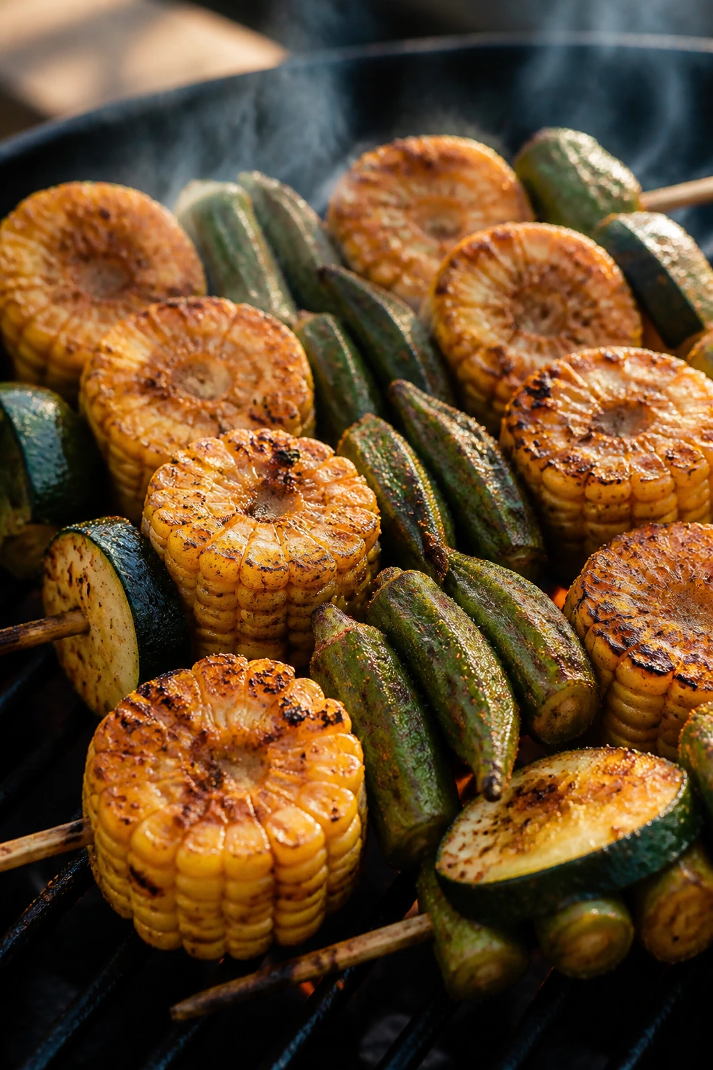 Close-up of Cajun corn, okra, and zucchini skewers