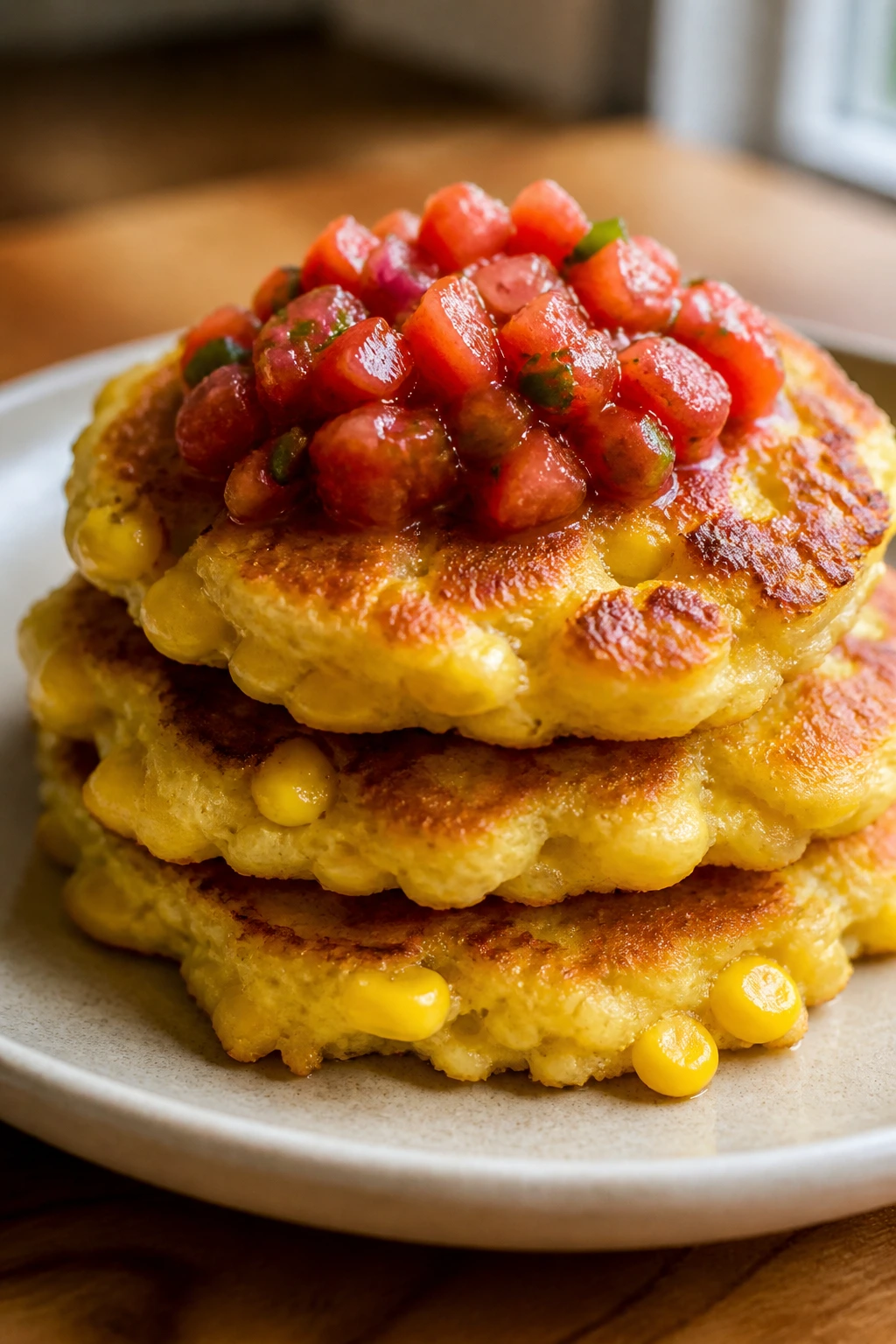 Stack of corn pancakes with salsa atop, close-up