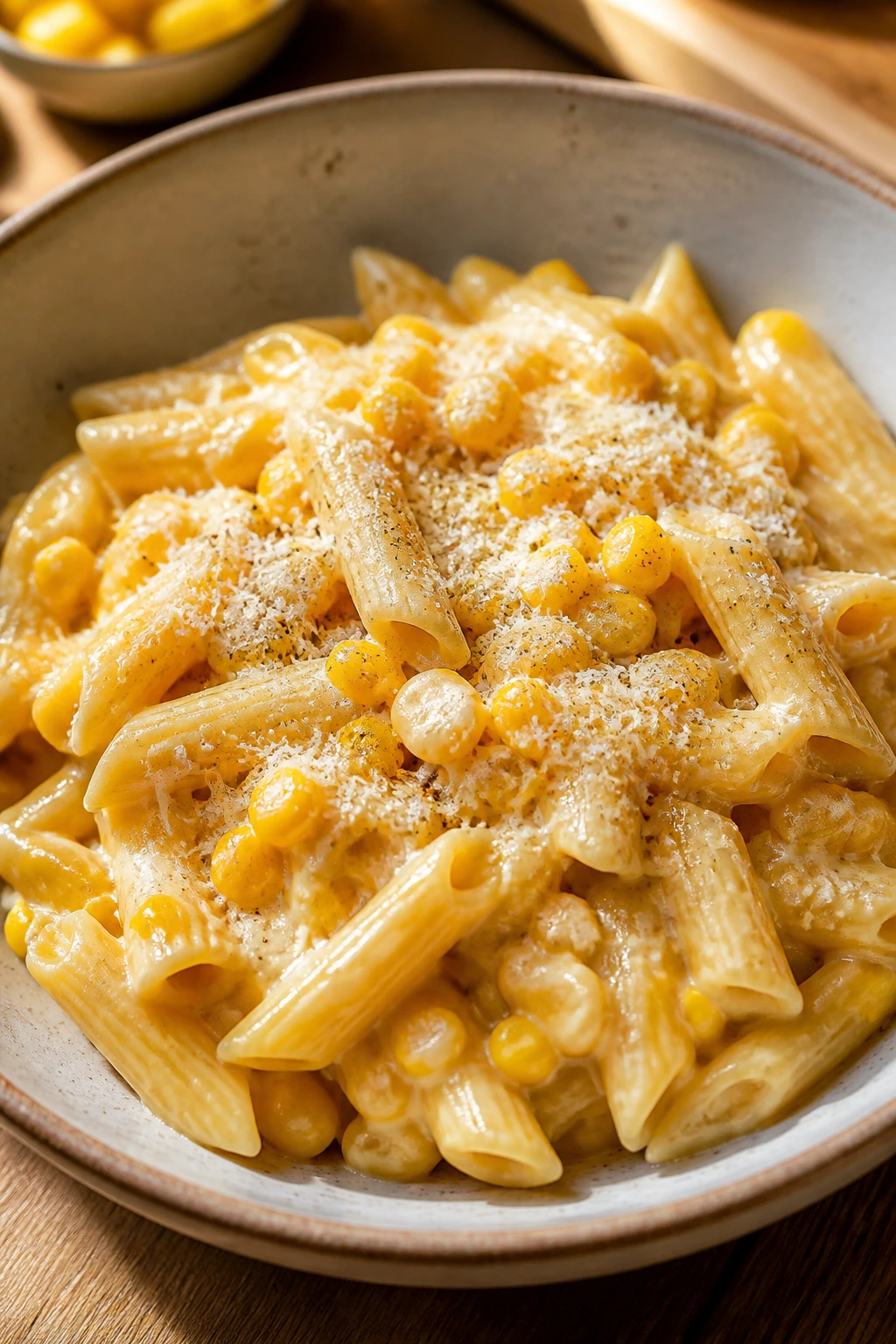 Creamy corn pasta with corn and parmesan in a sunlit kitchen