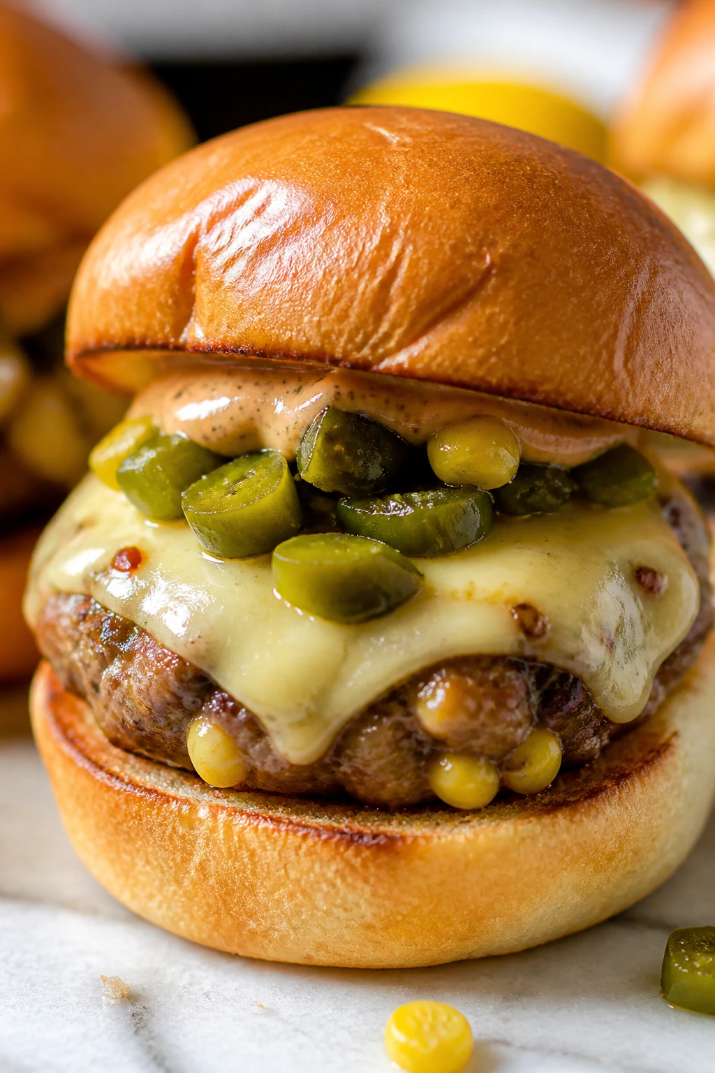 Close-up of corn and pepper jack mini burger with corn kernels and chiles