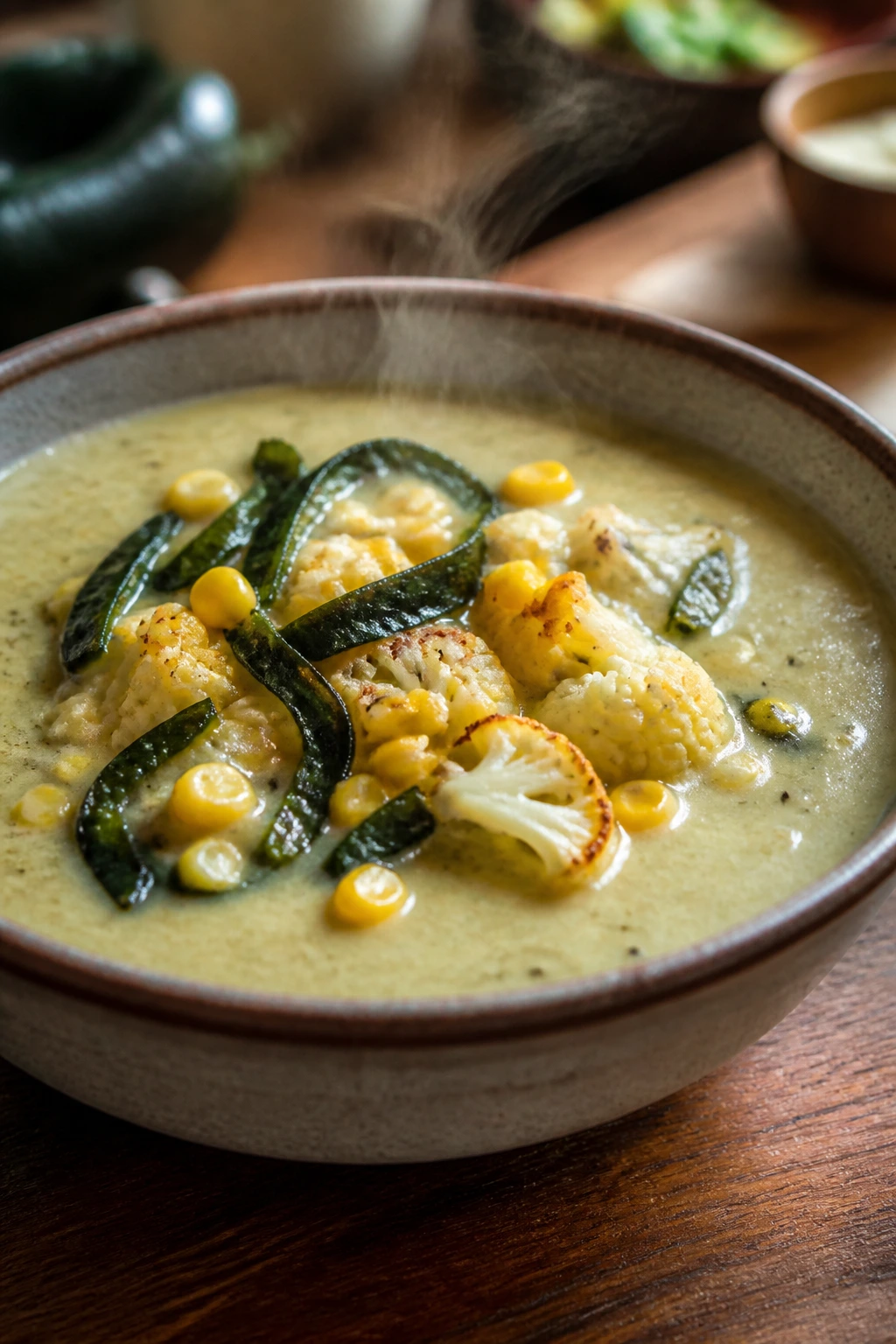 Close-up of Corn Poblano Cauliflower Soup with corn and poblano visible