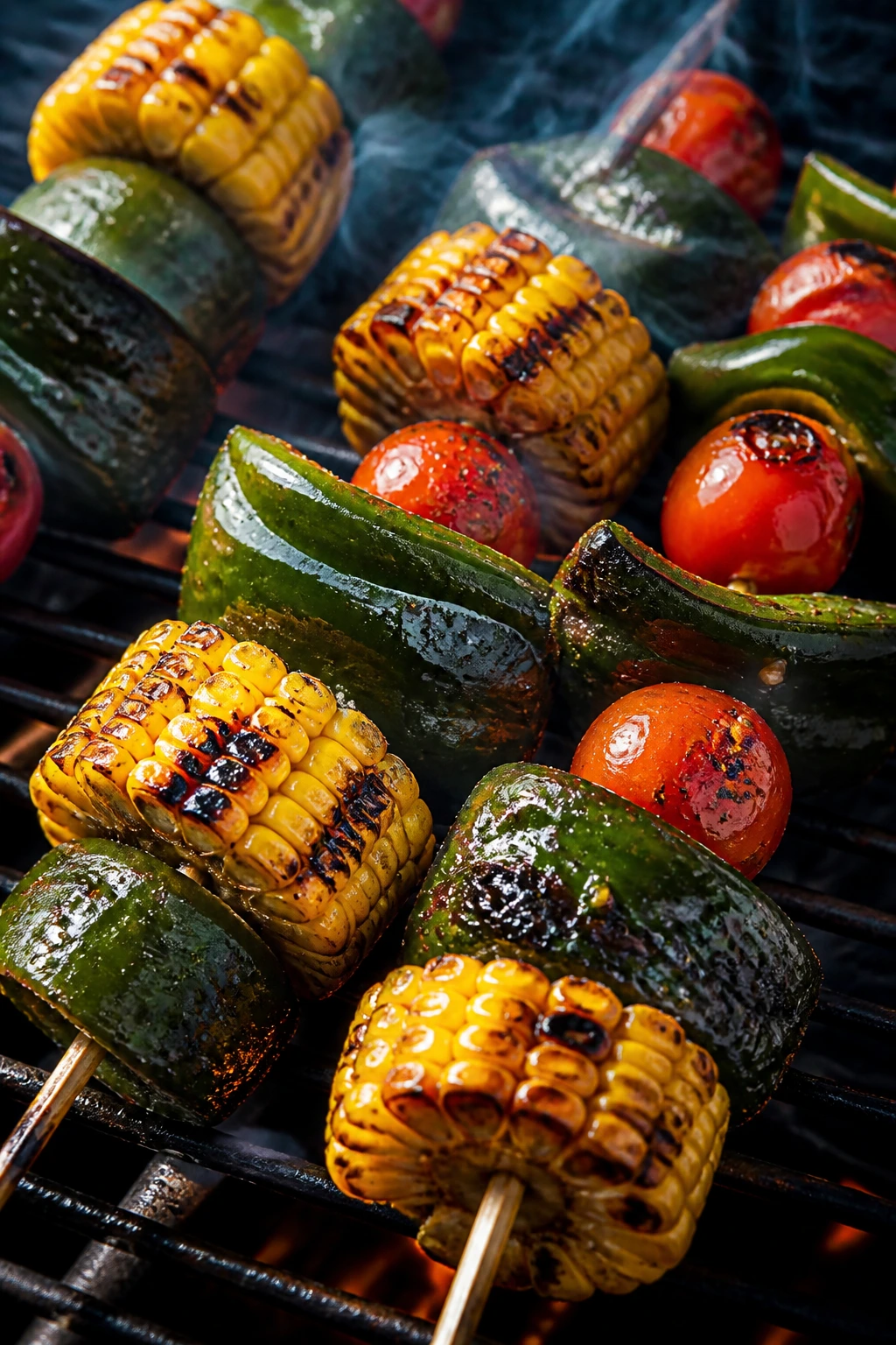 Corn, poblano, and tomato skewers with smoke on grill