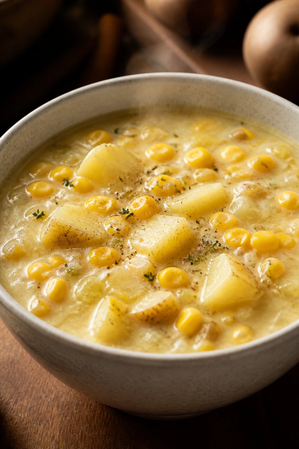 Steaming bowl of corn and potato chowder with visible corn and potatoes