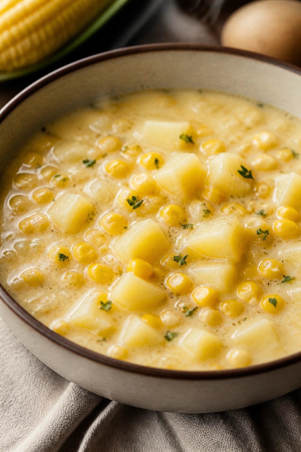 Creamy corn potato chowder with corn and potato chunks in a bowl