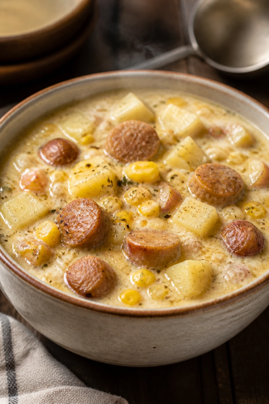 Close-up of corn and potato chowder with sausage