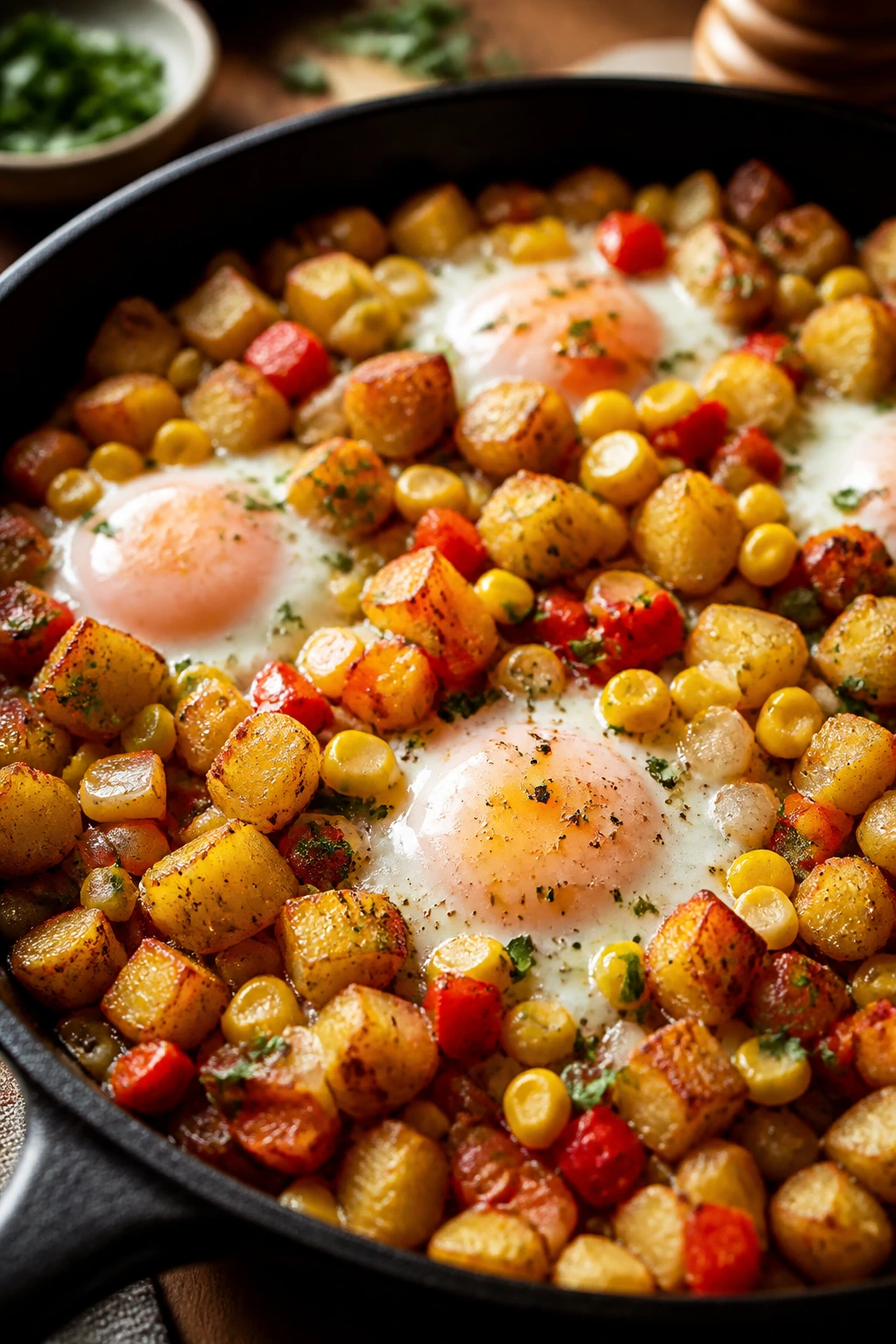 Close-up of corn-potato-egg hash in skillet, filling the frame
