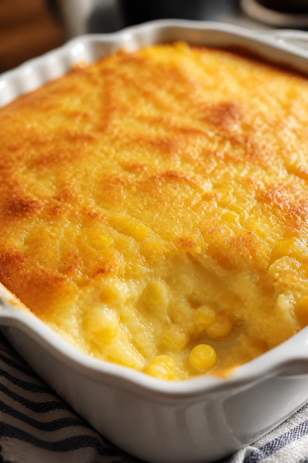 Close-up of creamy corn pudding with a golden top