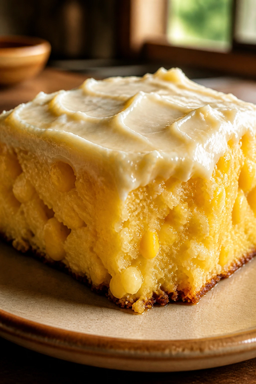 Close-up of corn pudding square with cream cheese frosting on a rustic plate
