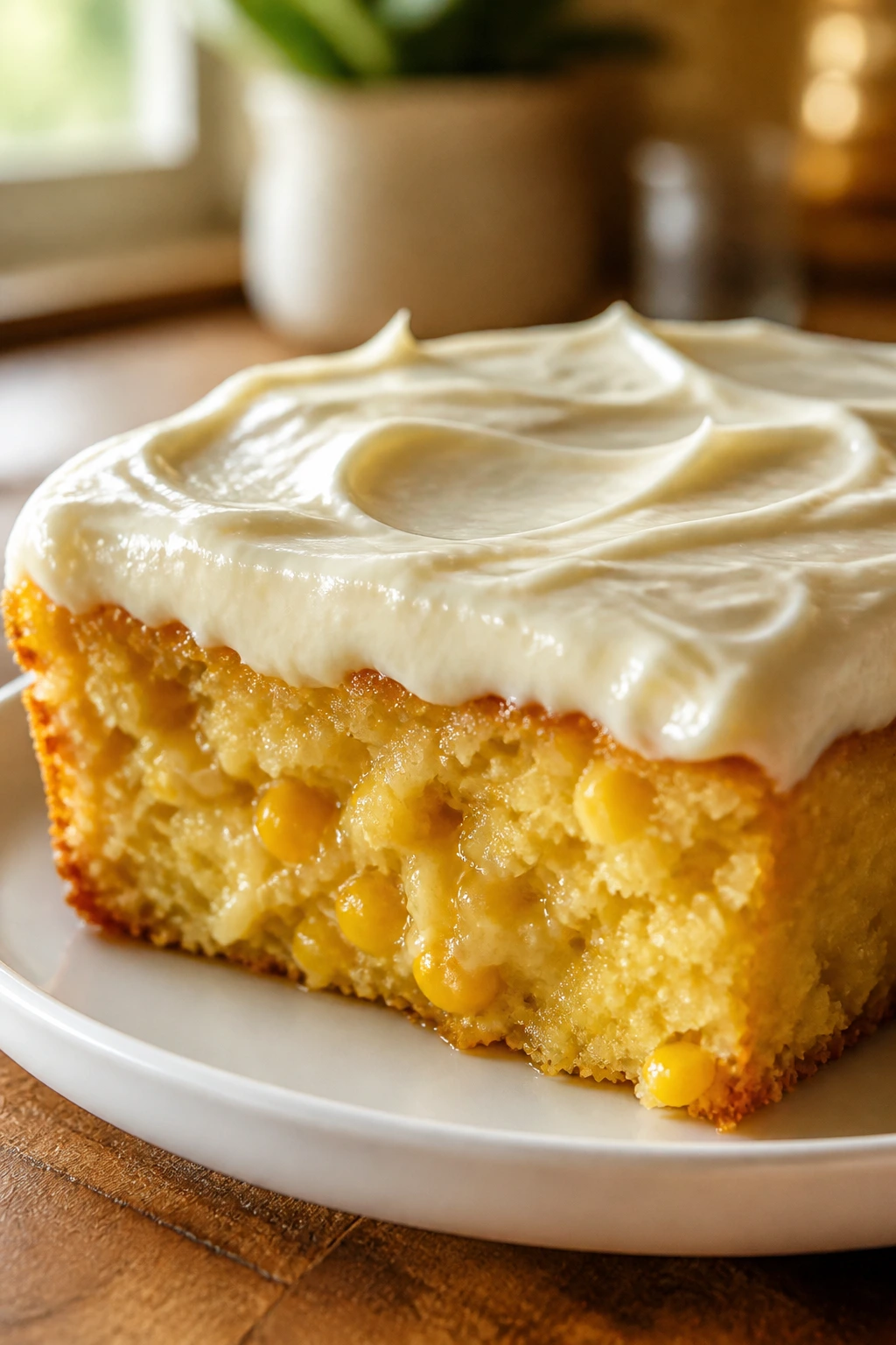 Close-up of corn pudding square with cream cheese frosting on plate