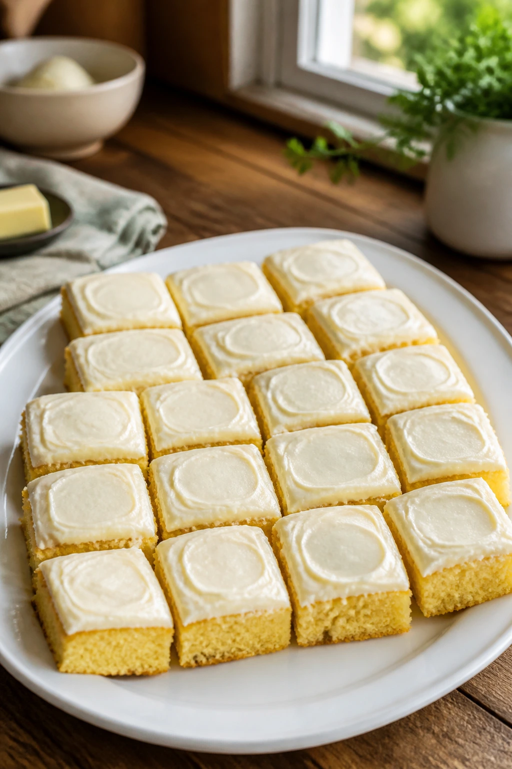 Close-up of corn pudding squares with frosting on white platter