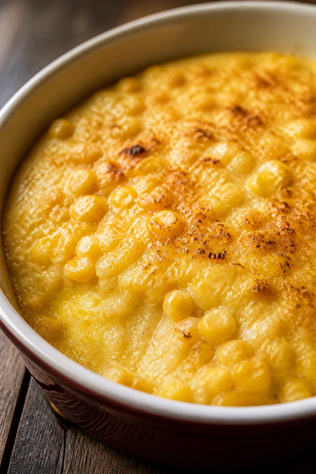 Close-up of slow cooker corn pudding in a ceramic dish on a wooden table