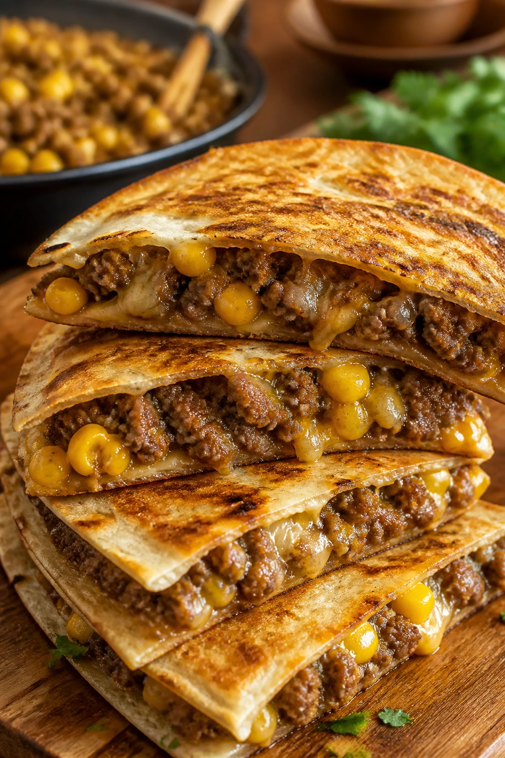 Close-up of corn quesadilla stack with beef and cheese, wedges visible