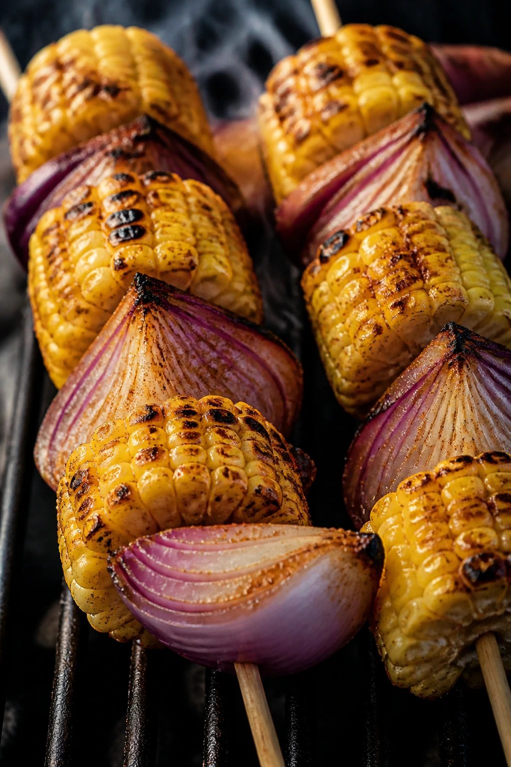 Close-up of chili-lime corn and red onion skewers