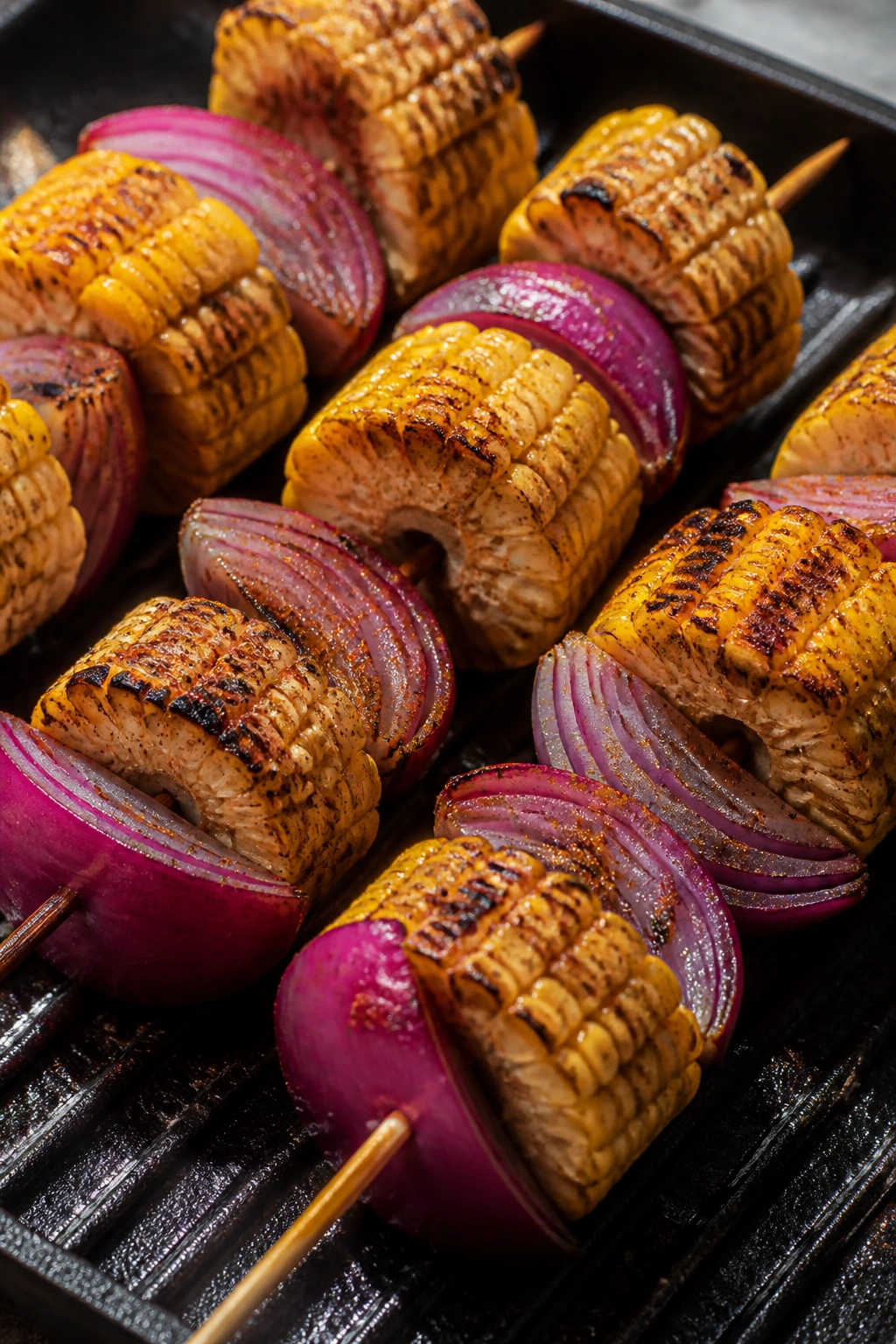 Corn and red onion skewers with paprika grilling outdoors