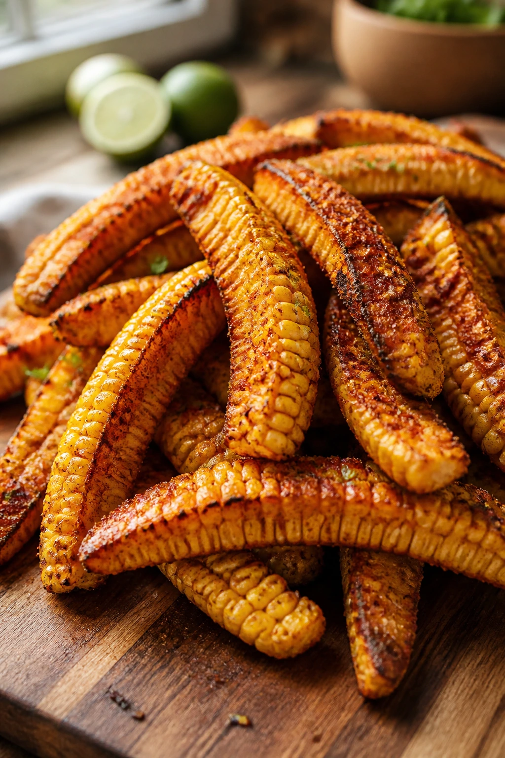 Close-up of chili-lime corn ribs with browned edges on a wooden board.