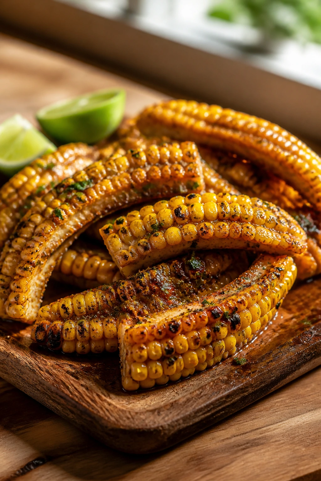 Close-up of corn ribs with chili-lime butter on a rustic board