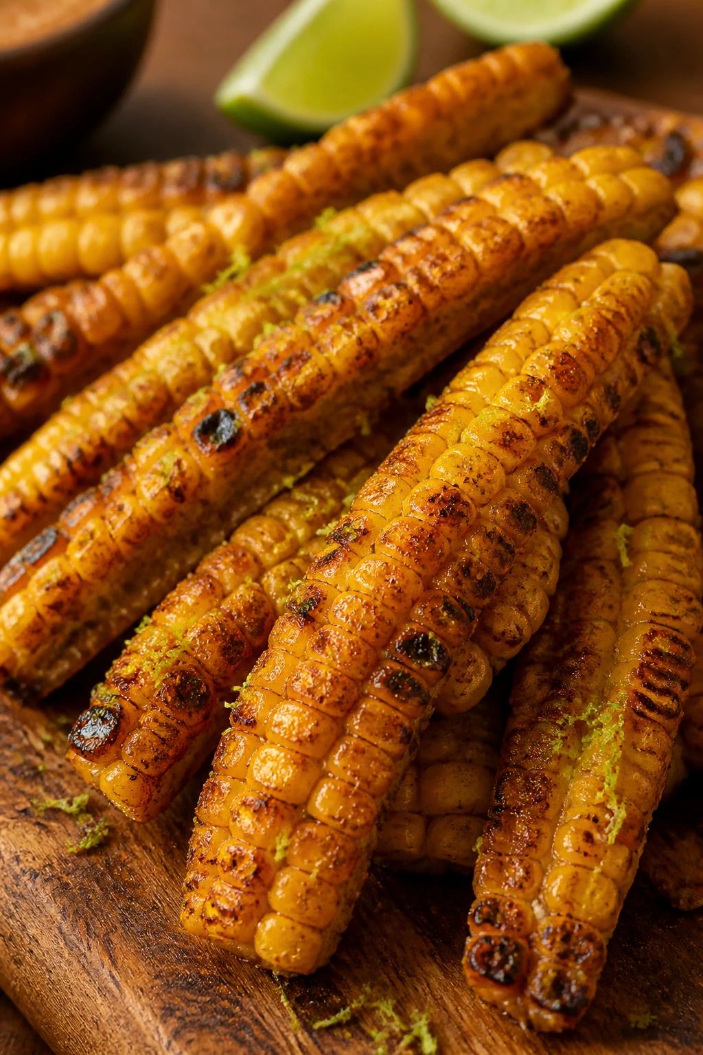 Close-up of chili-lime corn ribs on a wooden board with char marks