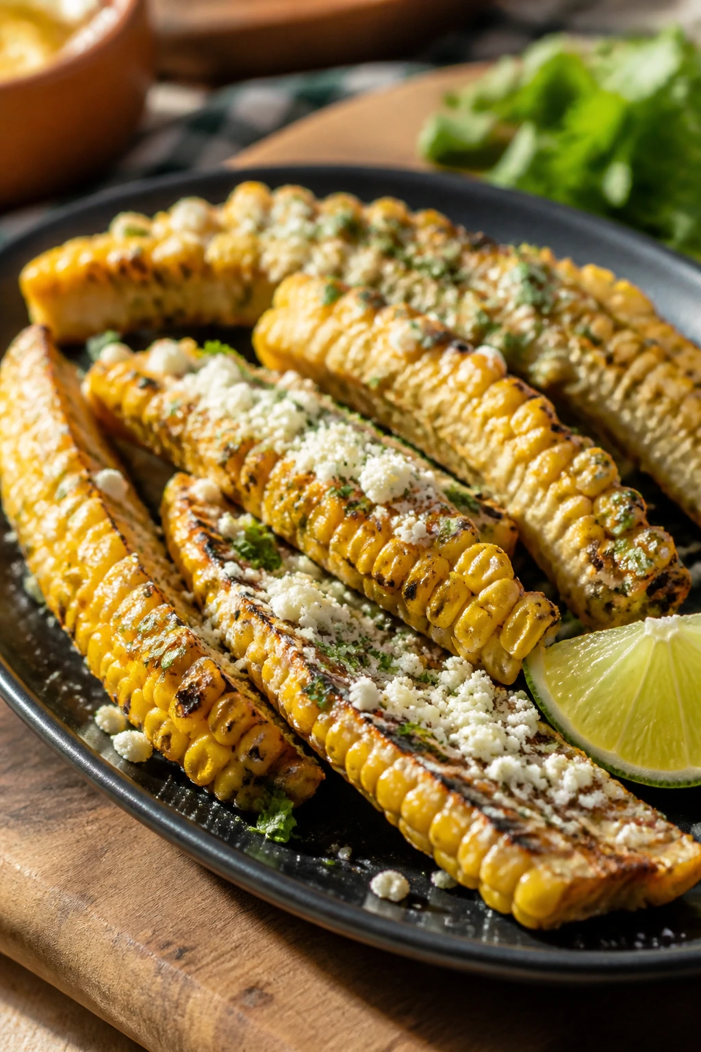 Corn ribs arranged on a platter with lime and cotija