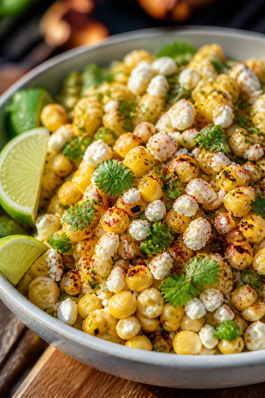 Close-up of Mexican street corn salad with cotija and jalapeño