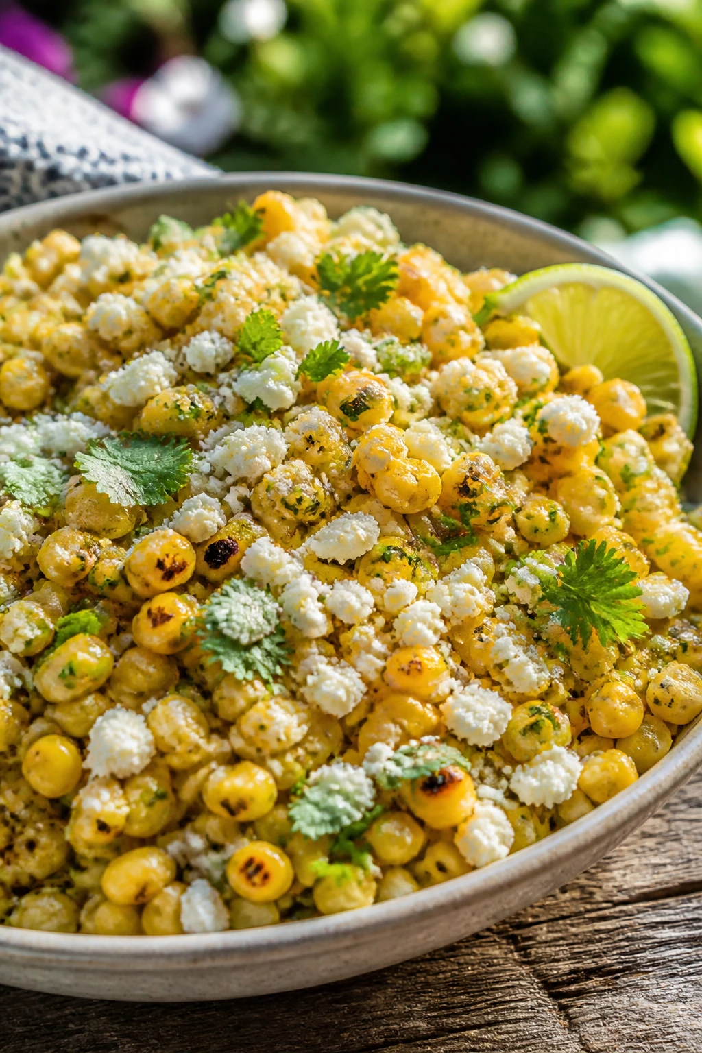 Corn salad with cotija and lime in a rustic bowl