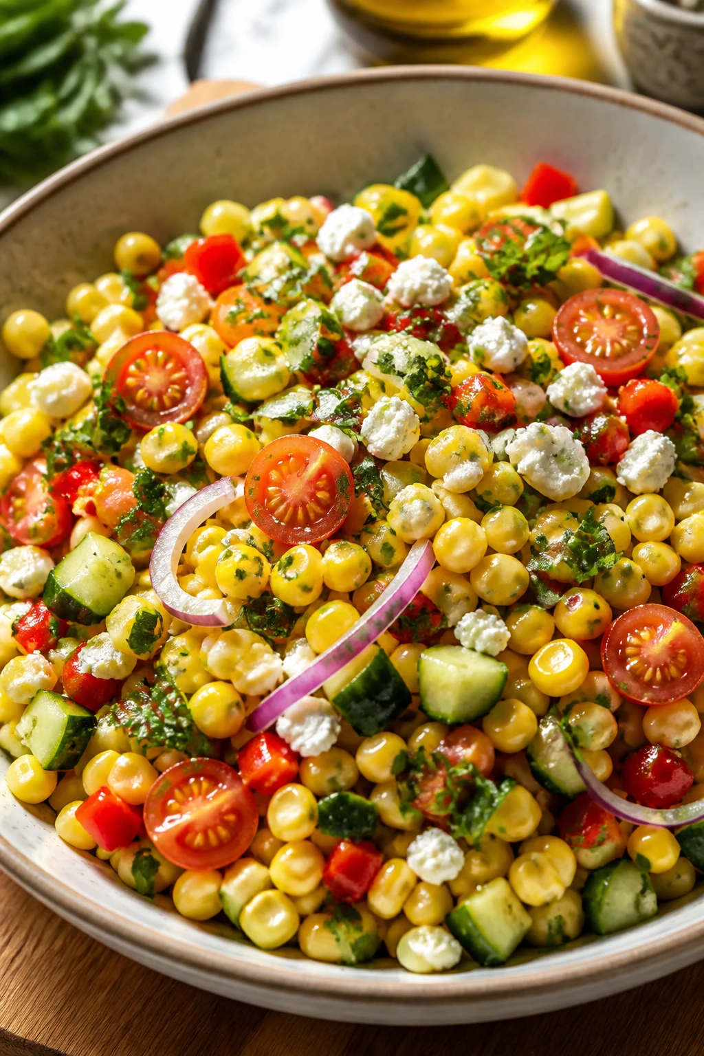 Close-up of corn salad with tomatoes cucumber feta and herbs in lime-Dijon dressing